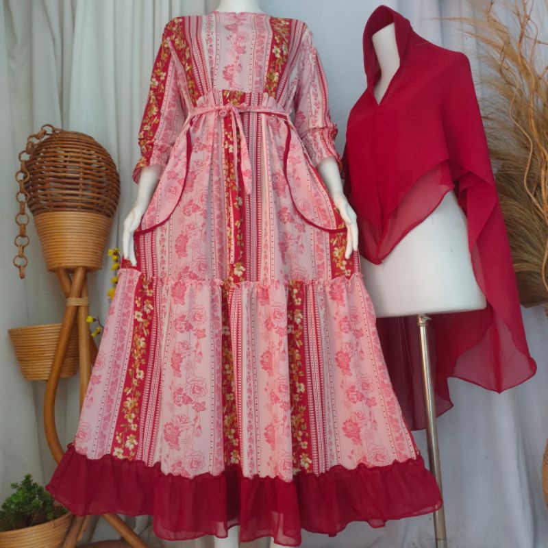 GAMIS SET HIJAB SAKU MOTIF TERBARU/KERUDUNG CERUTY 2LAYER