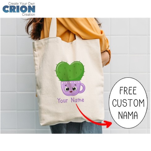 Totebag Blacu - Souvenir/Kado Cute Cartoon Cactus - Custom Nama- Crion