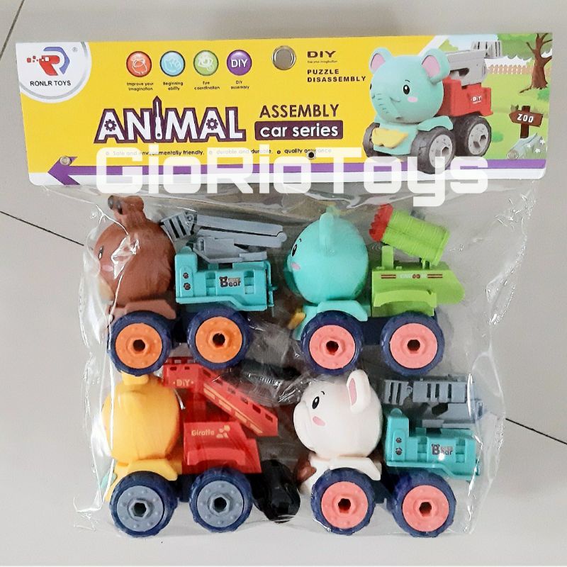 Mainan Anak Mobil Bongkar Pasang DIY Assembly Animal Cartoon Car Series 4 Pcs / Mainan Bongkar Pasan