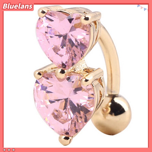 Bluelans Reverse Crystal Zircon Bar Belly Ring Gold Body Piercing Button Navel Two Hearts