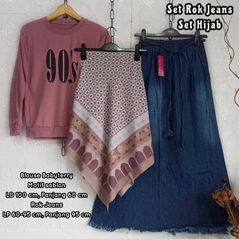 Setelan Rok Remaja Set rok Jeans + Blouse Babyterry + Hijab