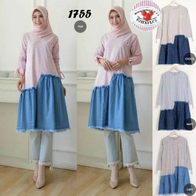 Tunik katun salur kombinasi