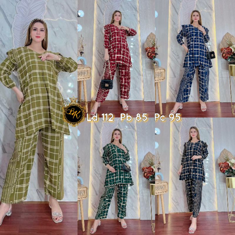 One Set Tunik Kotak | Setelan Tunik Kotak| Setcel Lengan Panjang Arabian