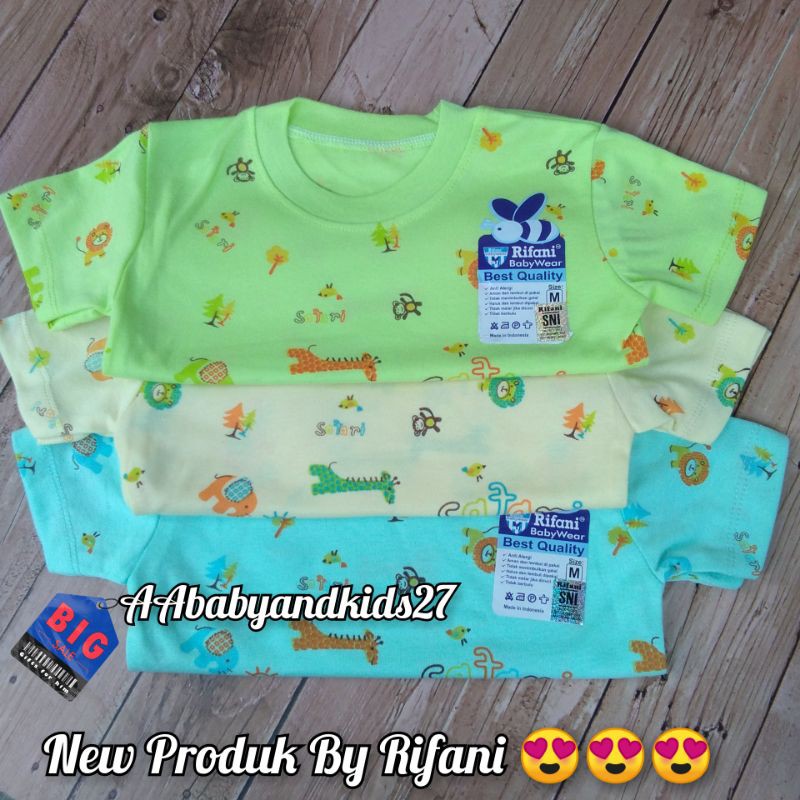 RIFANI 3PC Kaos Oblong Bayi Lengan Pendek Full Print Dasar Warna Ukuran S-XL Lembut dan SNI