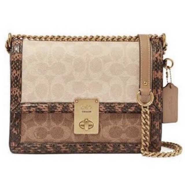 Coach Hutton Shoulder Bag in Blocked Signature Canvas Snakeskin Detail (89068)