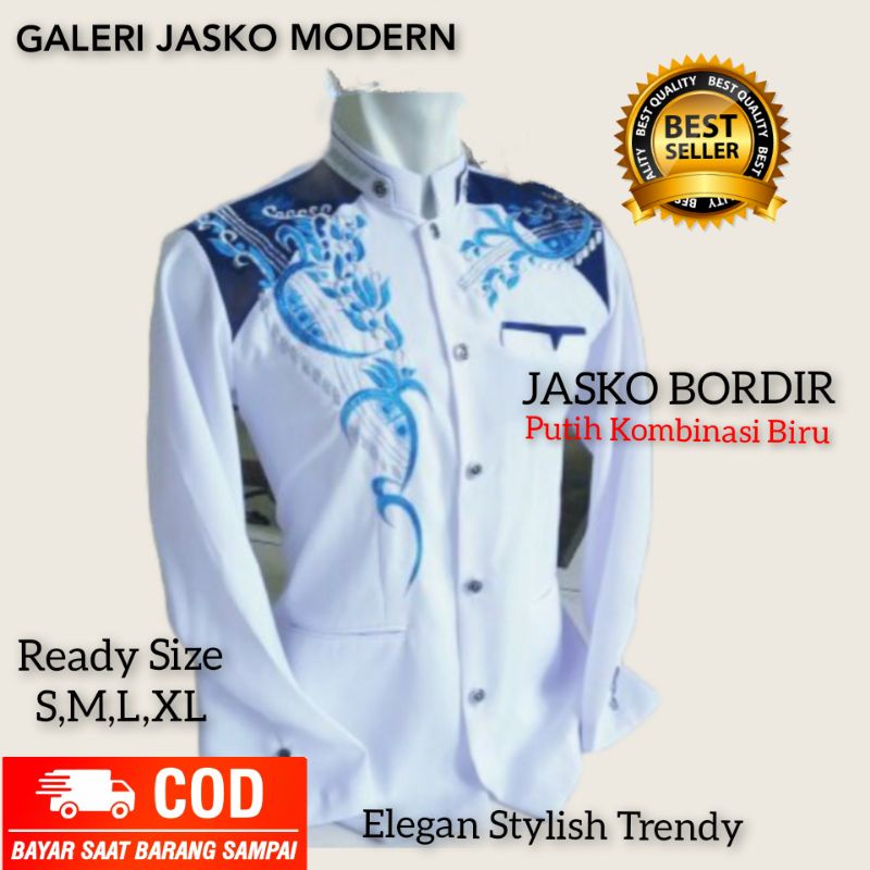 Jasko Putih Bordir | Jas koko pria | Baju Koko Putih dewasa | Jasko Putih list Biru | Koko pria