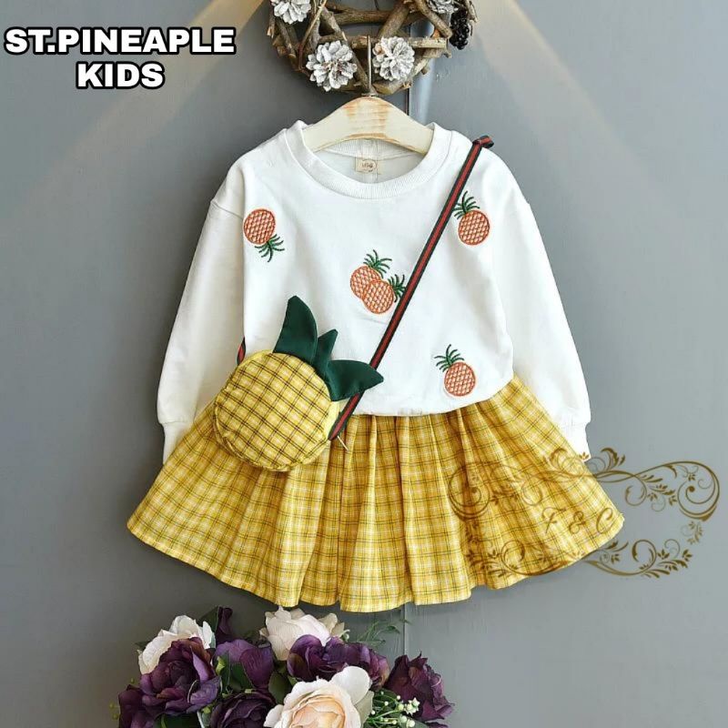 3in1 SET BAJU ANAK /BLUS +ROK +TAS /st Pineaple kid - FC / SATU SETEL BAJU ROK MOTIF NANAS / PINEAPPLE DRESS / KIDS DRESS / BAJU ANAK PEREMPUAN / DRESS ANAK 2 3 4 5 6 TH