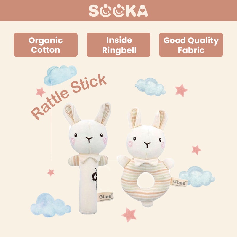 SOOKA Boneka 2 Pcs Rattle Stick Karakter Dengan Busa Dalam Organic Cotton / Rattles Mainan Bayi Bunyi Menangkan  SK-GGA1061