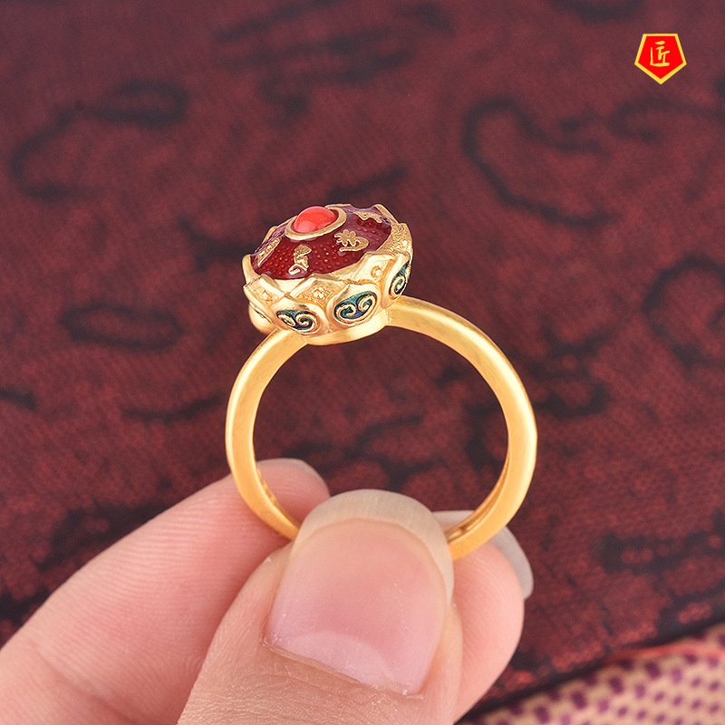 [Ready Stock]Ethnic Style Lucky Prayer Wheel Opening Gold Ring