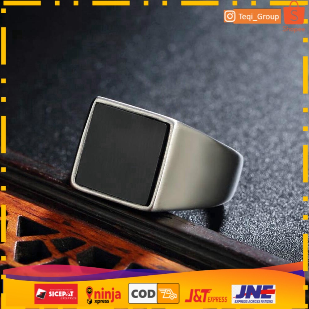 Cincin Batu Permata Aksesori Perhiasan Pria Fashion Kristal Hitam Kotak Baja Titanium