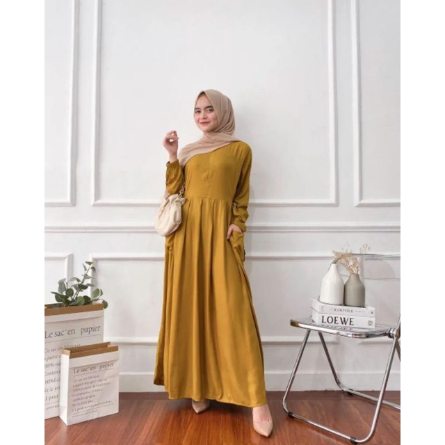 Gamis Milea / Dress Syari/ LD 120 cm / PB 130 cm / Gamis Rayon Premium / Dress Gamis Rayon Premium / Gamis Jumbo / Daster Gamis-MILEA(MUSTARD)