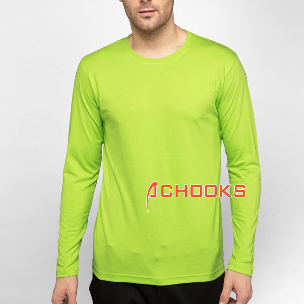 Baju Kaos Polos Pria Wanita Cotton COD Murah Original Distro Lengan Panjang Achooks Hijau Stabilo