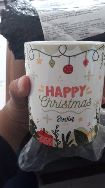 Mug Cangkir Gelas Merry Christmas Floral Daun Hijau Kado Natal Custom Nama