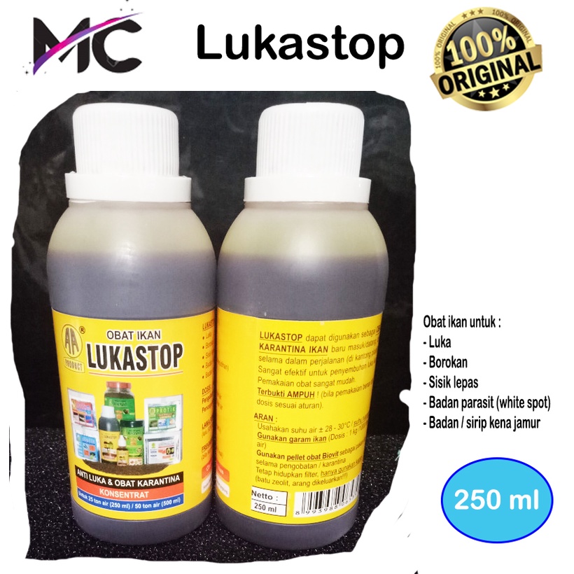 Lukastop 250ml Obat Ikan Hias Parasit Jamur Luka Karantina Sisik Rusak Sobek Botol Besar Original Perawatan Cupang Guppy Arwana Louhan Koi Koki Discus Chana dan lain lain Kebutuhan Aquarium Aquatic