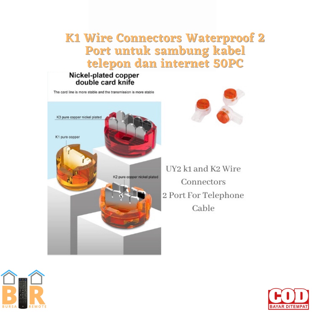 isi 50pcs K1 Wire Connectors Waterproof 2 Port untuk sambung kabel telepon dan internet