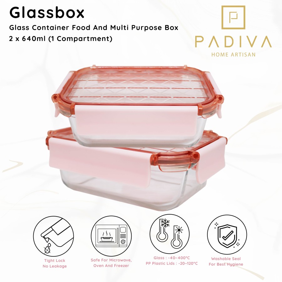 Padiva 640ml Pink (2pcs) Crystal Glassbox 1 compartment - Kotak Penyimpanan makanan kaca