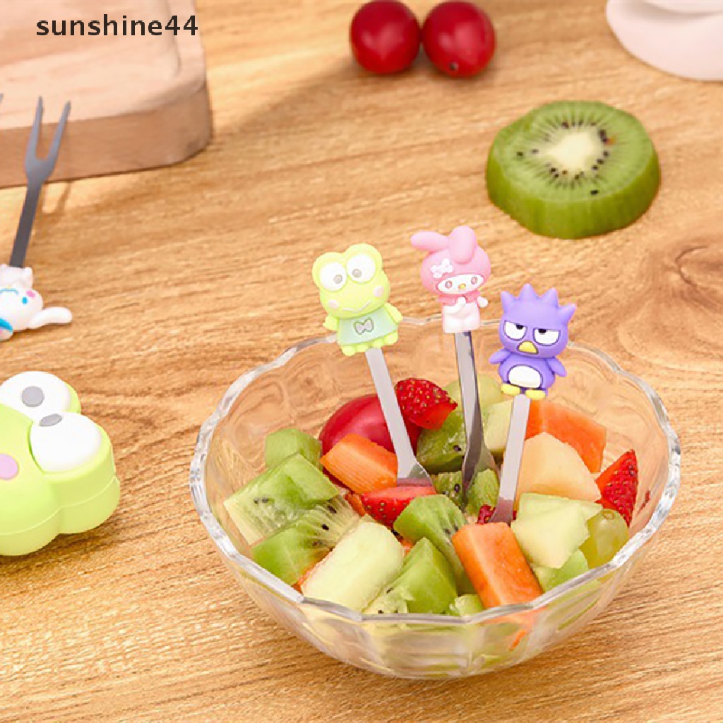 Sunshine 5Pcs / Set Garpu Buah / Dessert Desain Kartun Lucu Bahan Stainless Steel Dengan Holder