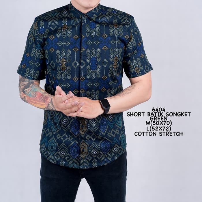 Kemeja Batik Songket Pendek Pria Cowok Slimfit Bahan Katun Stretch Hem Casual Keren Model Baru
