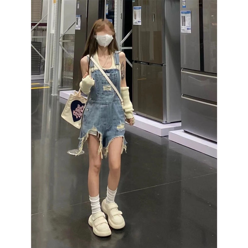 Hot girl ripped denim overall wanita musim panas baru retro pinggang tinggi celana pendek lurus long