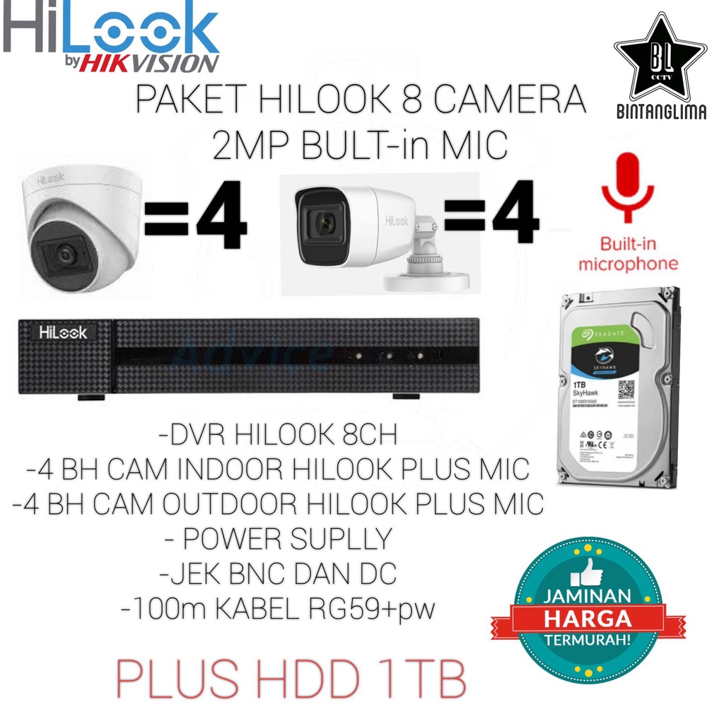 HILOOK PAKET 8 CAMERA 2MP BUILT-IN MIC ORIGINAL