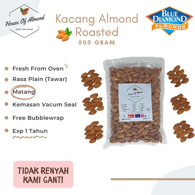 

Cuci Gudang Awal Tahun Roasted Almond Premium (Panggang) kacang almond blue diamond 500gram Big Sale