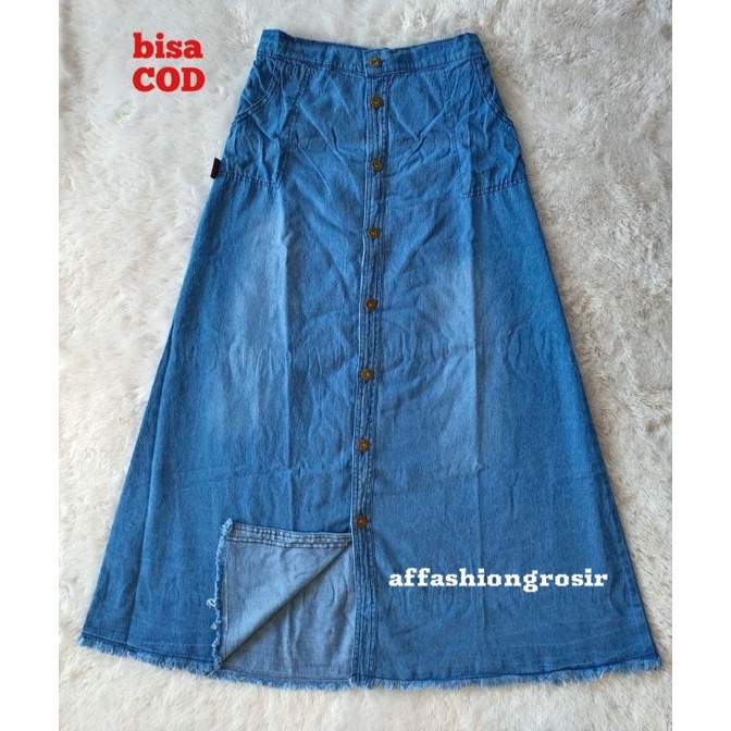 Rok jeans panjang rempel kancing dewasa/rok jeans wanita/rok jeans polos premium terlaris-Birumuda rawis