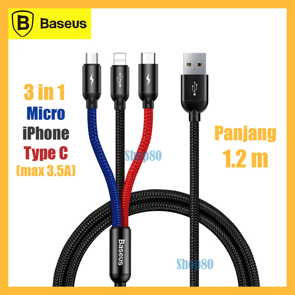 Baseus 3 in 1 Cable Micro iPhone Lightning Type C Kabel Data Charger Primary 3in1 Fast Charging 3.5A