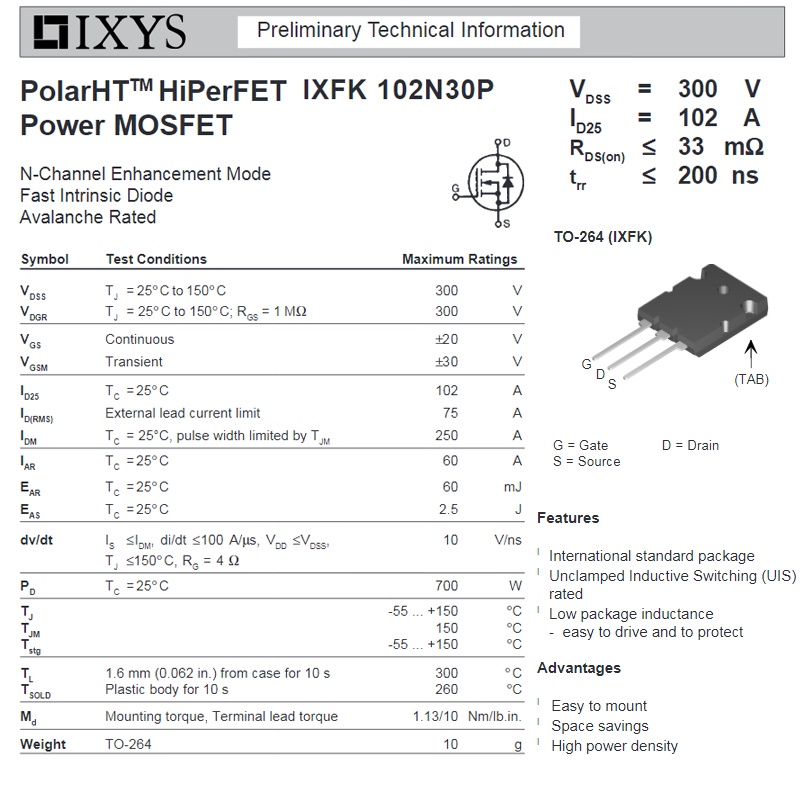 TRANSISTOR IXFK102N30P IXYS KOREA POLARHT HIPERFET POWER MOSFET TR IXFK 102N30P IXFK 102N30 P