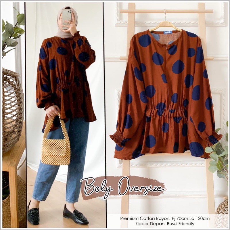 blouse oversize ld 120 BOLY MOELA berlabel premium rayon busui jumbo lengan panjang casual polkadot