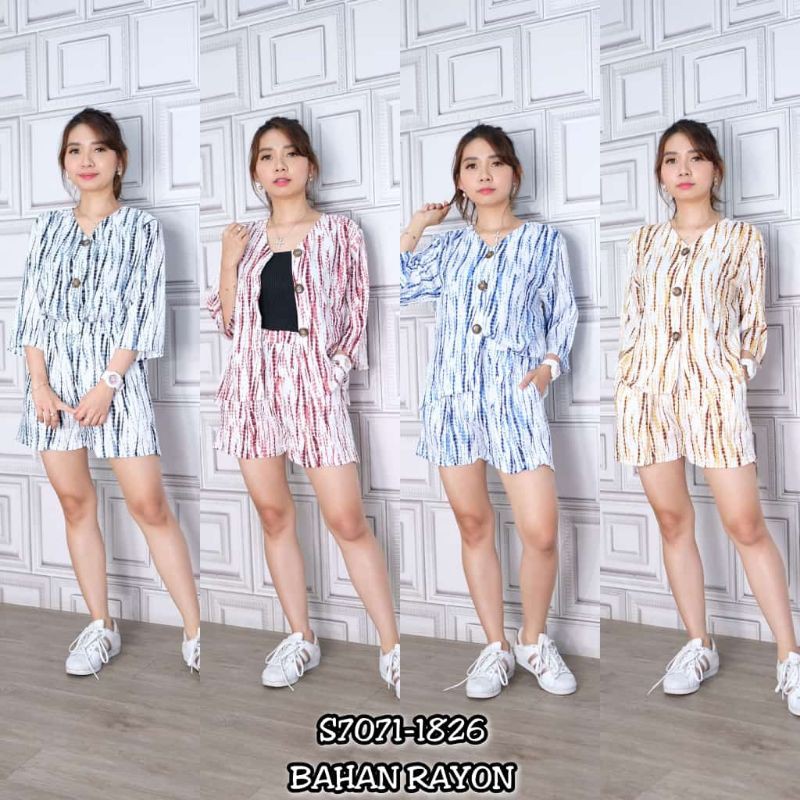 setelan wanita rayon tie dye lengan 7/8  kancing besar / one set baju santai