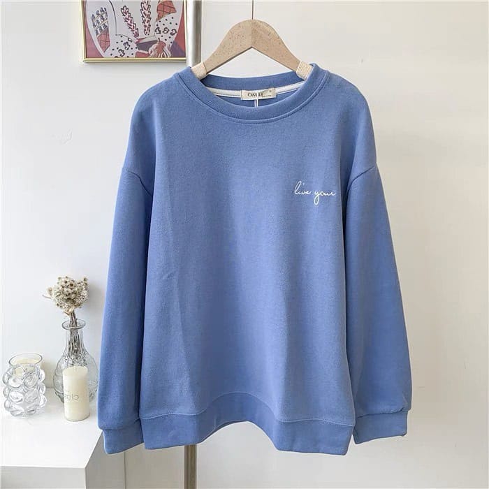 SWEATER WANITA LIVE YOU BORDIR /// ATASAN WANITA LUCU /// CREWNECK FLEECE TEBAL SIMPLE KEKINIAN TERBARU''