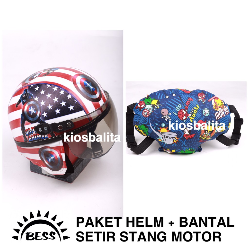 FREE BUBBLE WRAB!! PAKET HELM RETRO ANAK PRINTING + BANTAL SETIR STANG BONCENGAN MOTOR