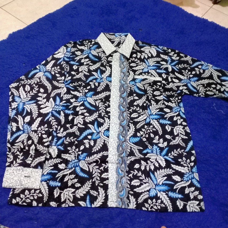 Kemeja Batik Pria Pekalongan Lengan Panjang Nirmala Blarak Biru Katun Halus Adem Keren Terlaris Adem