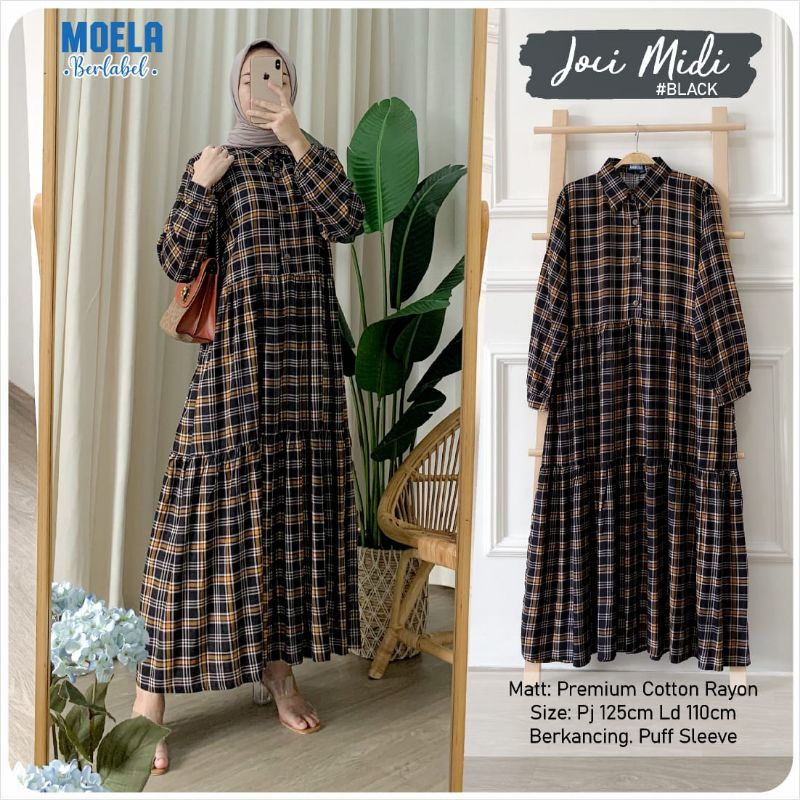 JOCI NICA SHEO ALUN MIDI DRESS LD110 MIDI DRESS BY MOELA GAMIS CASUAL WANITA MURAH MOTIF KOTAK  BAHA