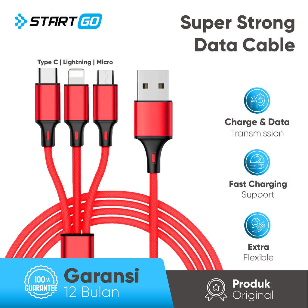 startgo b01 3 kabel data usb 3 in 1 android dan iphone type c lightning micro fast charging 2 4a
