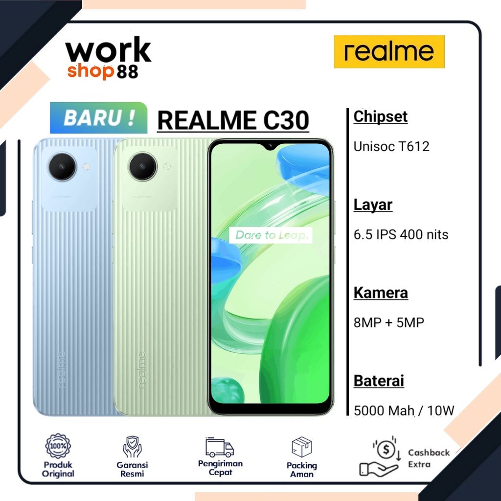 HP Terbaru Realme C30 4GB + 64GB - New Garansi Resmi Nasional 1 Tahun Original - Unisoc Tiger T612 G