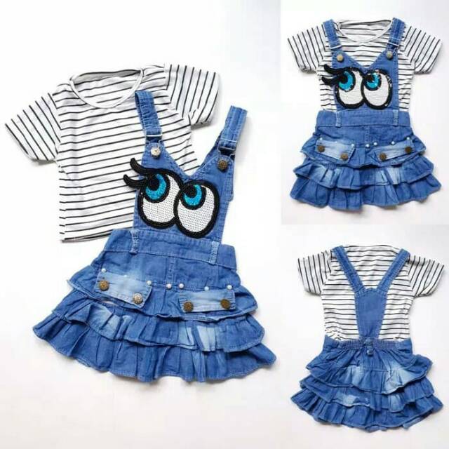 Baju Setelan Anak Bayi Perempuan Kaos Overall Denim Mata Manik