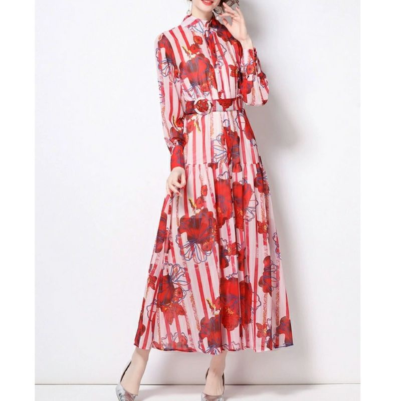 MDLV ~ 05510# Florentina Striped Maxi Dress Red Flower Dress Fashion Import