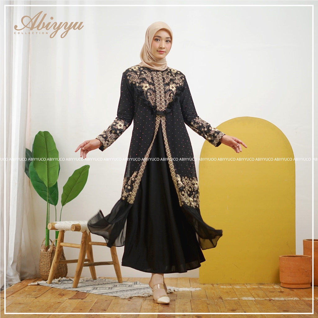 Abiyyuco GL1082 | abaya turki hitam terbaru mewah turkiy 2022 terbaru turkey hitam busui, bahan jersey dan ceruty, ready size M, L, XL, XXL. Apikasi bordir renda (bordir tempel) dan mote swarovsky (mote tempel/press)