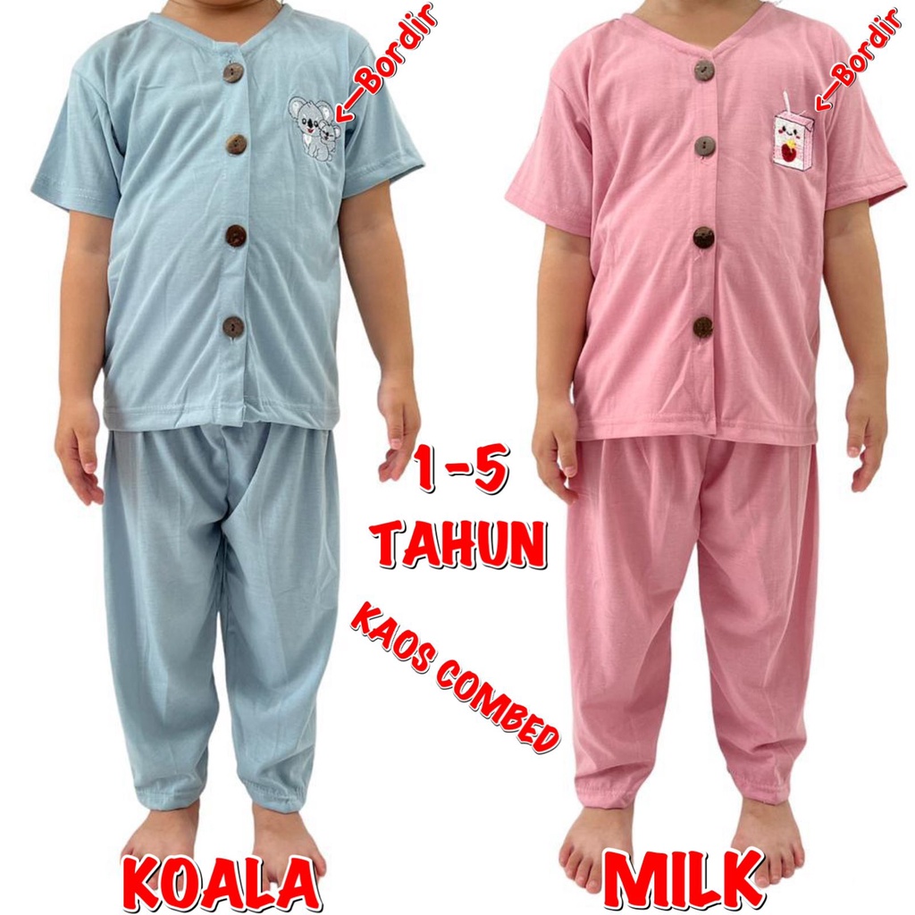 BAJU TIDUR ANAK KIDS PEREMPUAN/LAKI-LAKI/CEWEK/COWOK SETELAN/STELAN BAHAN KAOS KATUN CP KANCING BORDIR