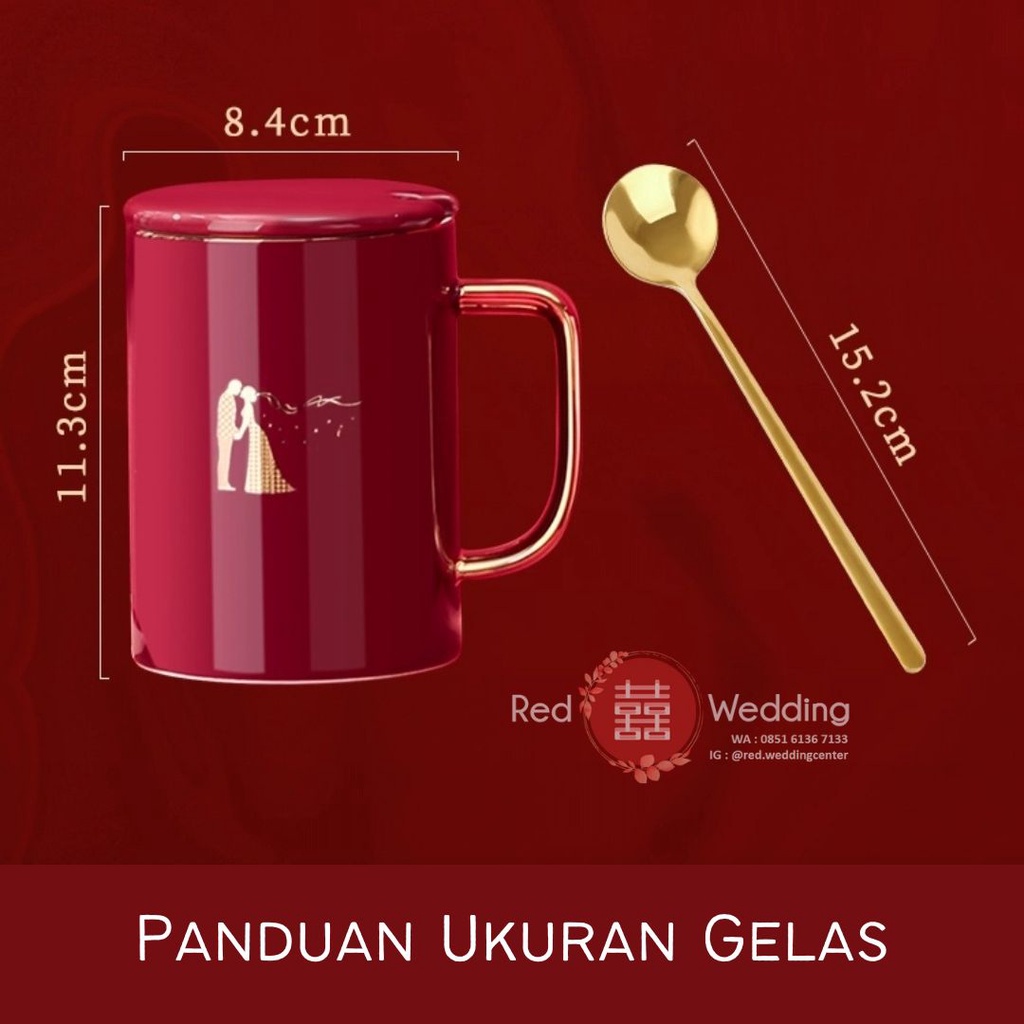 Gift Set Gelas Wedding Coffee Mug Bahan Keramik Warna Merah Motif Love Shuang Xi Double Happiness dapat Gift Box