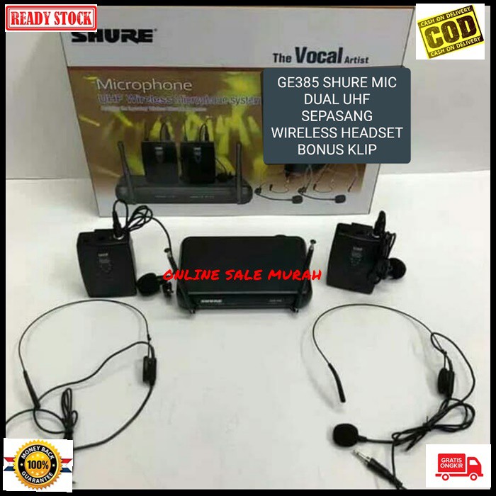 G385 Shure mic wireless sepasang headset bando kuping jepit dual uhf mik wireles klip clip dobel microphone kerah baju tie sepasang profesional pro kancing condesor system sistem vokal vocal panggung dj studio Kancing sensitif aux ceramah pidato acara mee