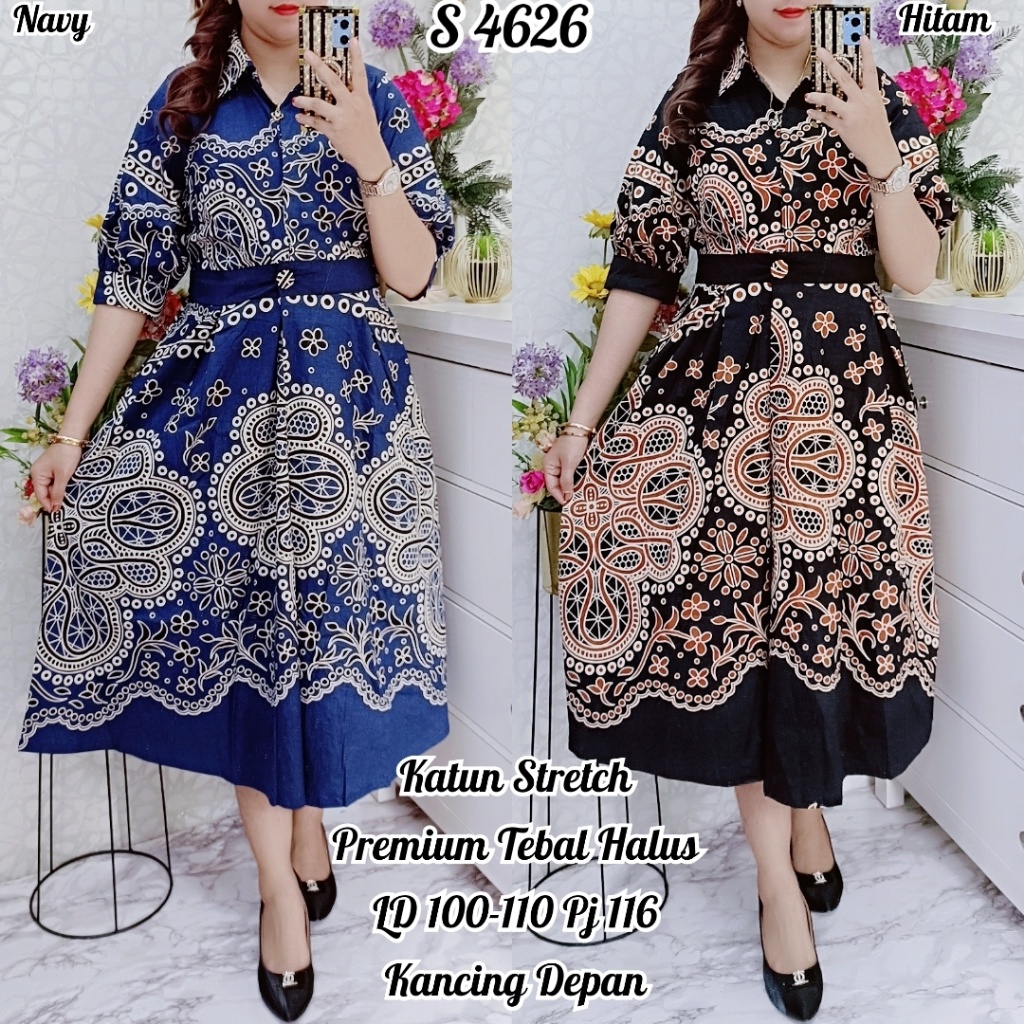 TUNIK/DRESS BATIK KATUN CANTIK MEWAH PAKAIAN WANITA MIDI DRESS LENGAN PENDEK PREMIUM. STYLE 4626