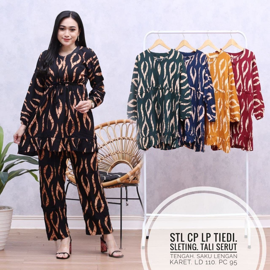 One Set Wanita Serut Rayon Premium Setelan Wanita Batik Lengan Panjang Set Celana Panjang Kekinian LD 110 cm