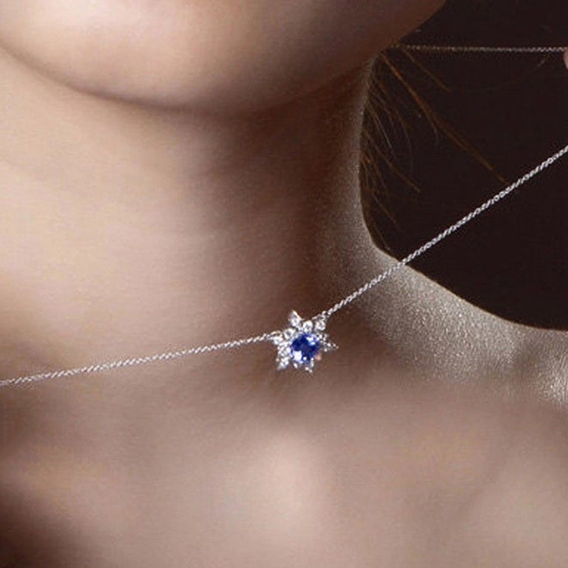 Kalung Desain Bunga CZ Warna Biru Untuk Wanita