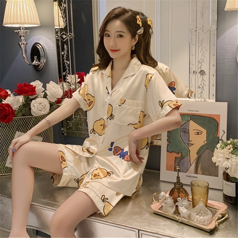 Piyama satin import / baju tidur wanita / piyama ice silk sutera-Duck