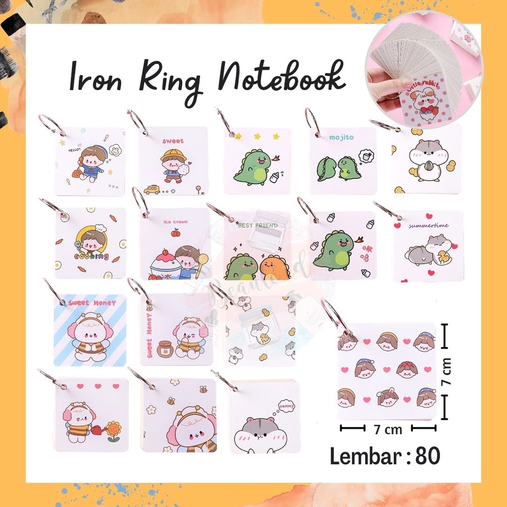 Buku Mini Lucu Dengan Ring Besi Kartu Saku Motif Polos Untuk Catatan Sekolah Notes Notebook Kecil Portable Catatan Pengingat / Penghafal Unik Desain Kartun Animasi Cute Dino Rabbit Anak Anak Sekolah Pelajar Kantor Mini iron Ring Flash Card Cartoon Blank