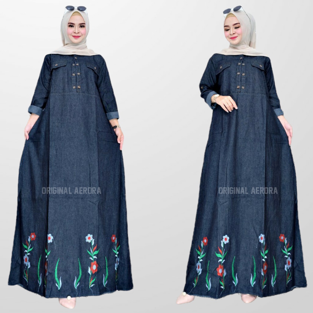 Baju Gamis Dress Jeans Jens Denim Jumbo Wanita Terbaru 2023 Kondangan Busui Kekinian Bordir Bunga Tulip Asli Premium Ld 120 P 137 New Feliya Maxy Allsize