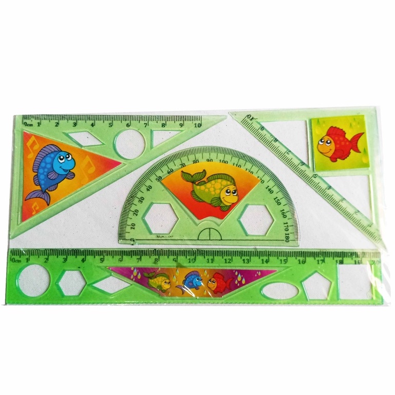 Set 4 pcs Penggaris lurus Segitiga Busur Motif Hewan