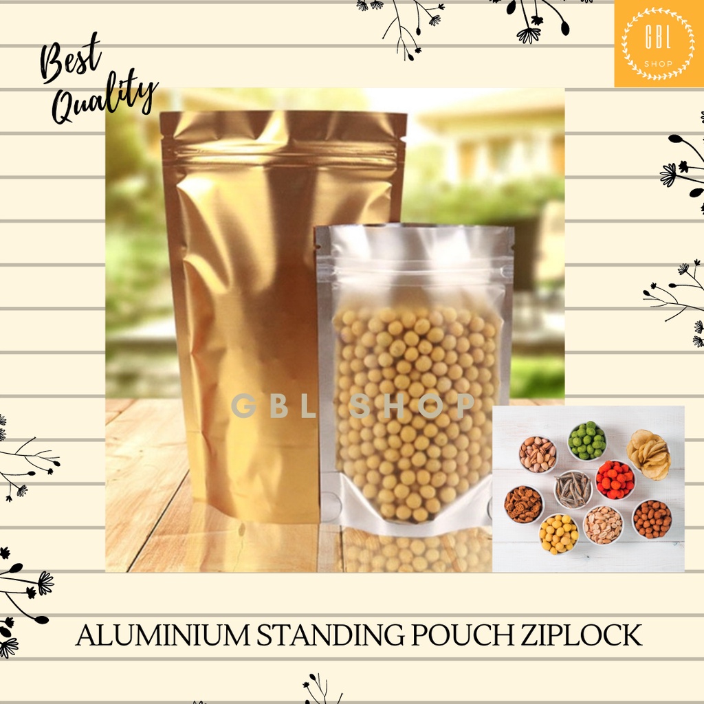 Aluminium foil Standing Pouch Ziplock 15x23 kemasan plastik klip Gold